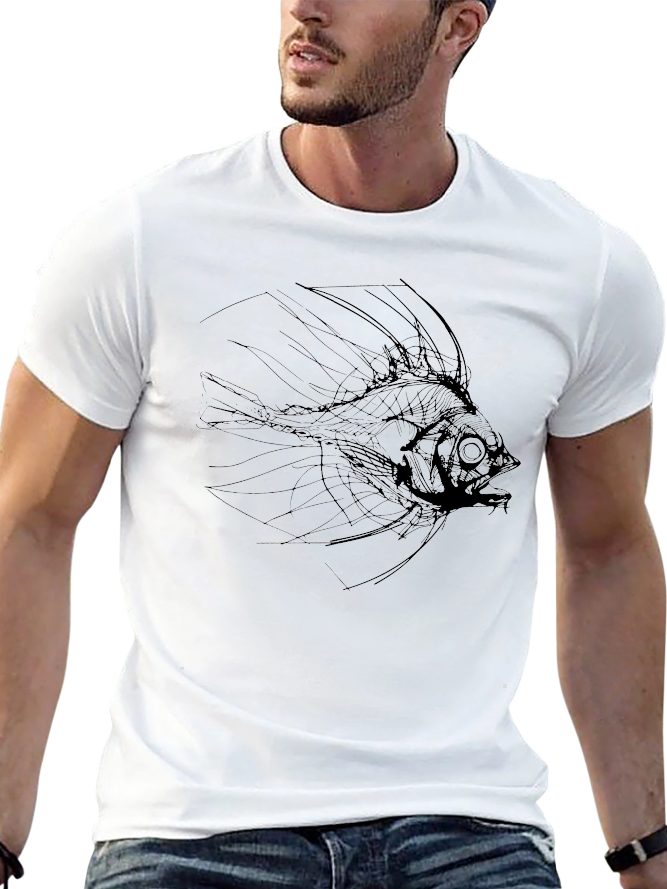 Mens Black T-Shirt with Abstract Fish Graphic