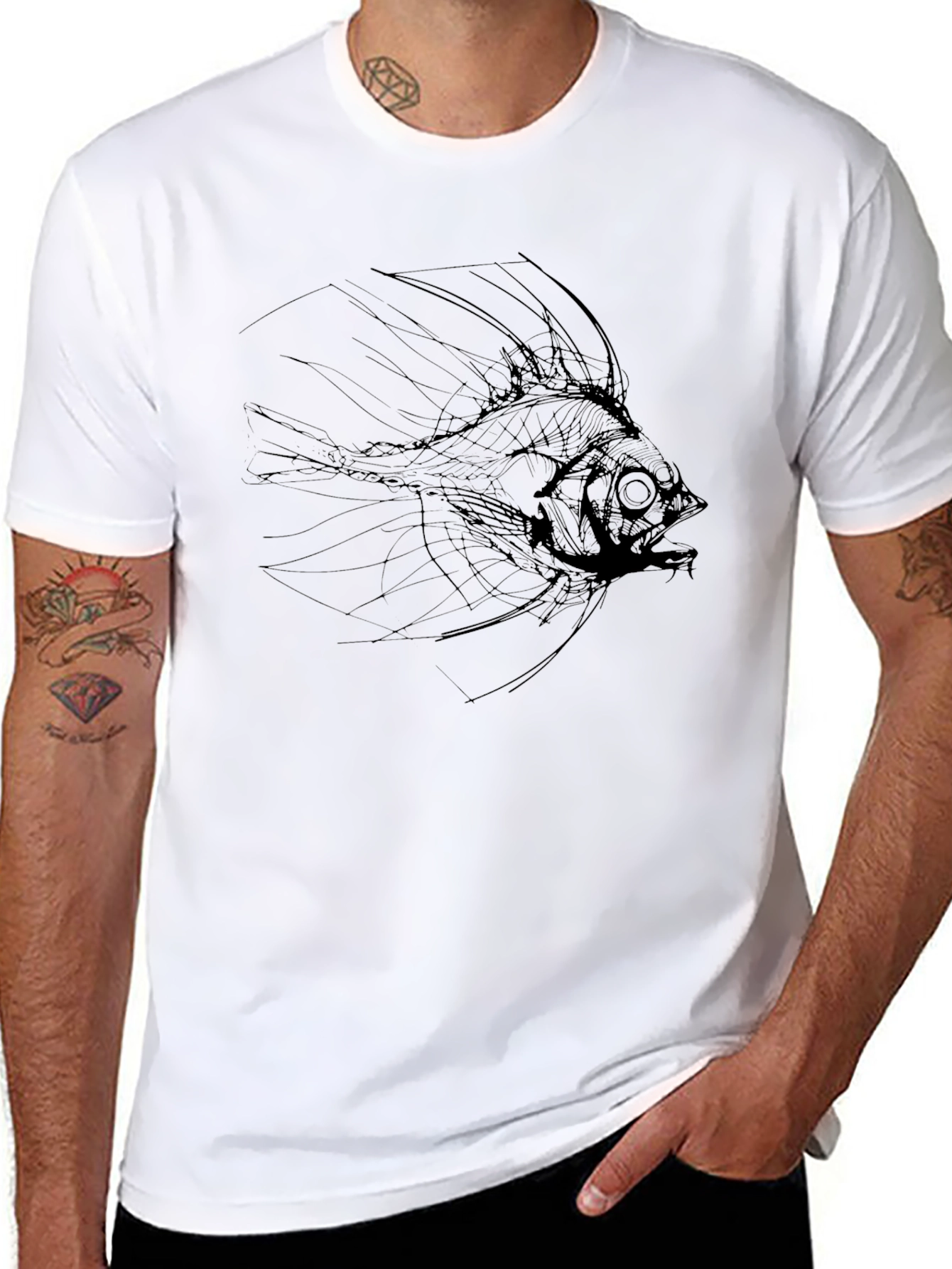 Mens Black T-Shirt with Abstract Fish Graphic