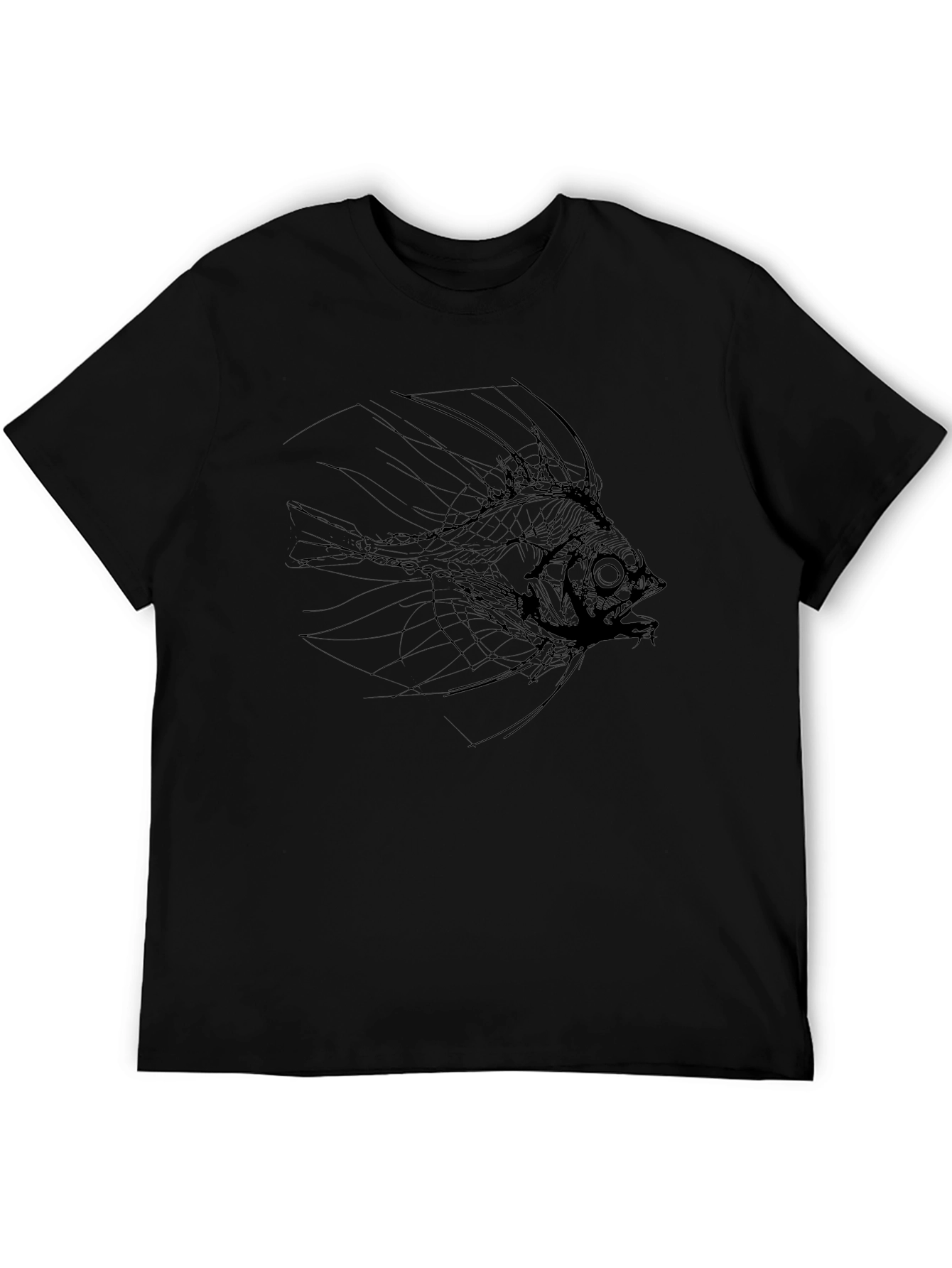 Mens Black T-Shirt with Abstract Fish Graphic