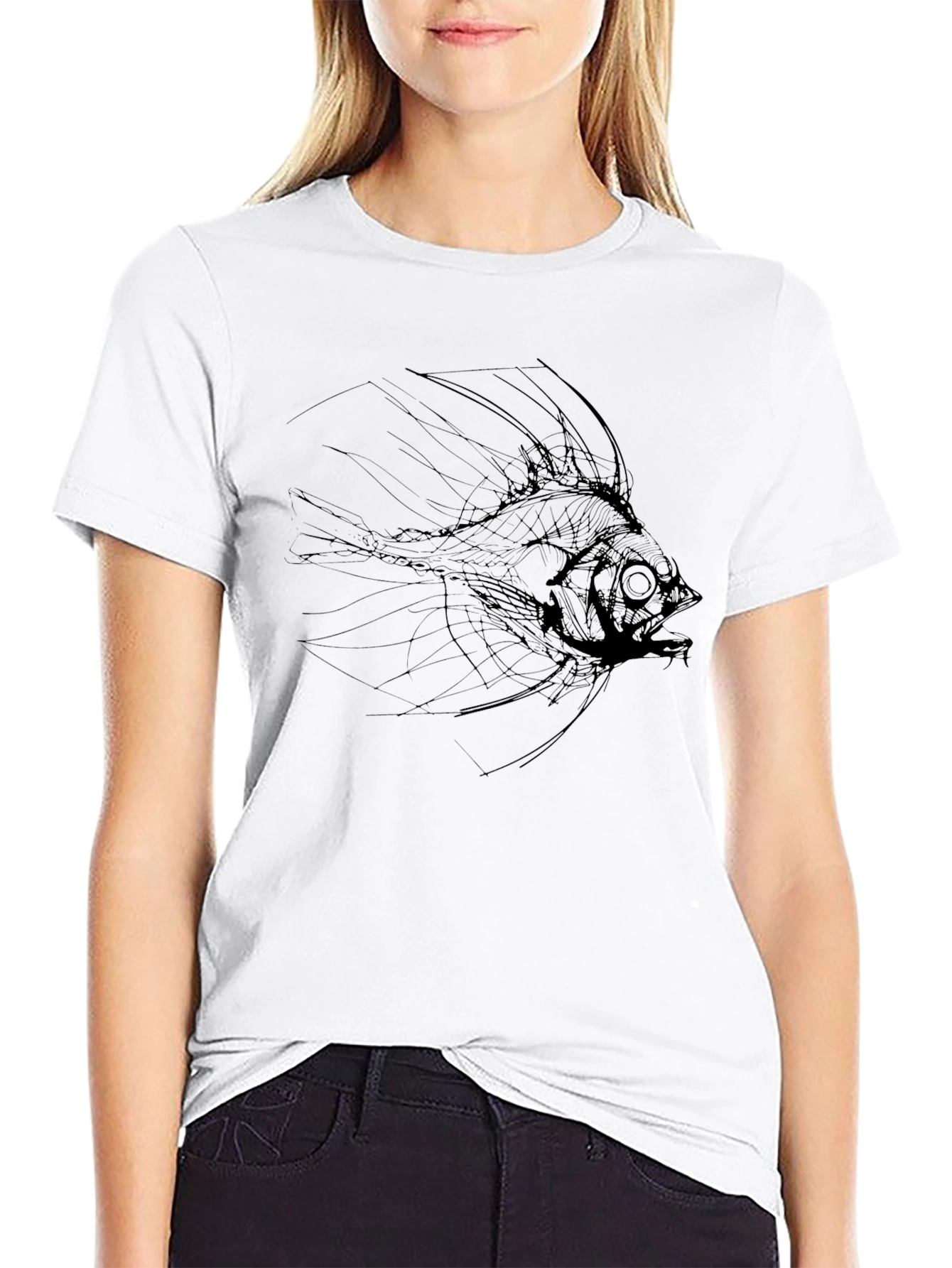 Mens Black T-Shirt with Abstract Fish Graphic
