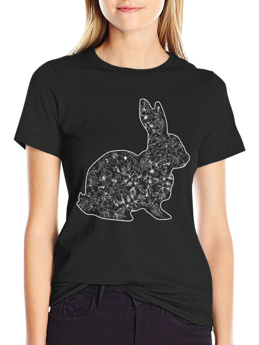 Floral Bunny Graphic Tee - Soft Black Cotton Blend