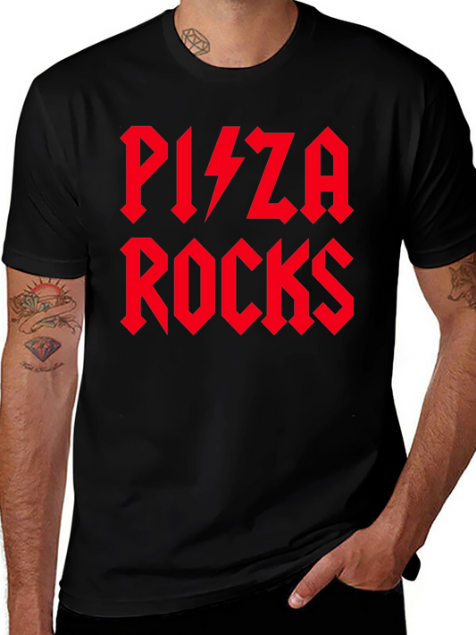 Pizza Rocks T-Shirt - Red Graphic Print - Black Tee
