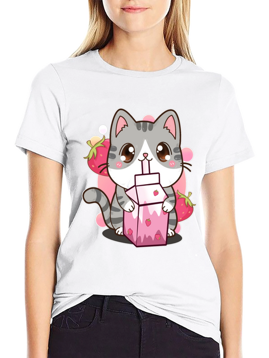 Cute Kawaii Cat Strawberry Milk T-Shirt