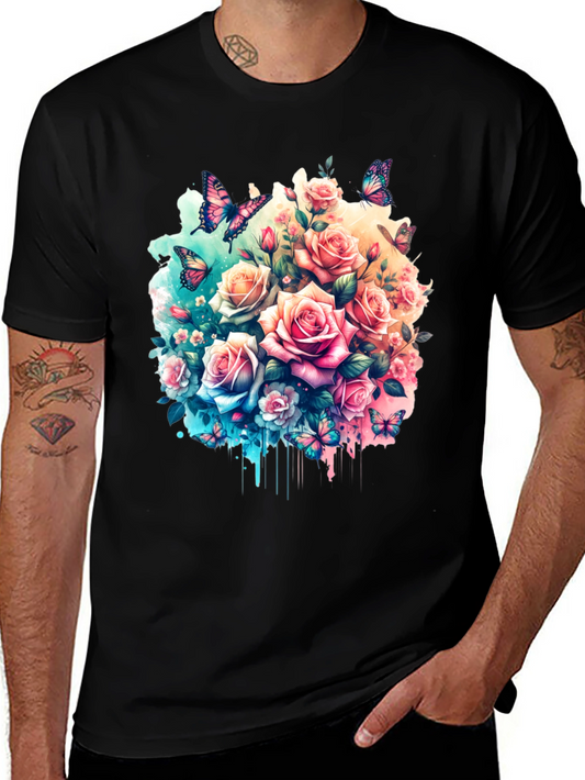 Floral Rose and Butterfly Graphic Print Mens Black T-Shirt