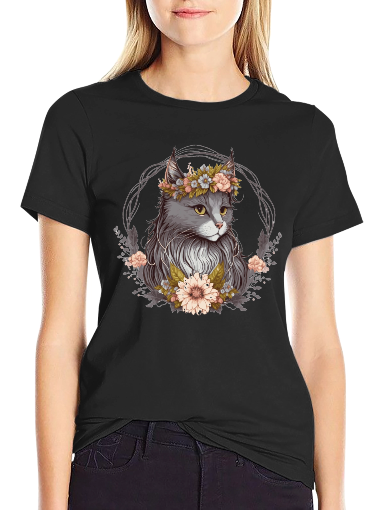Cat Floral Wreath Black T-Shirt