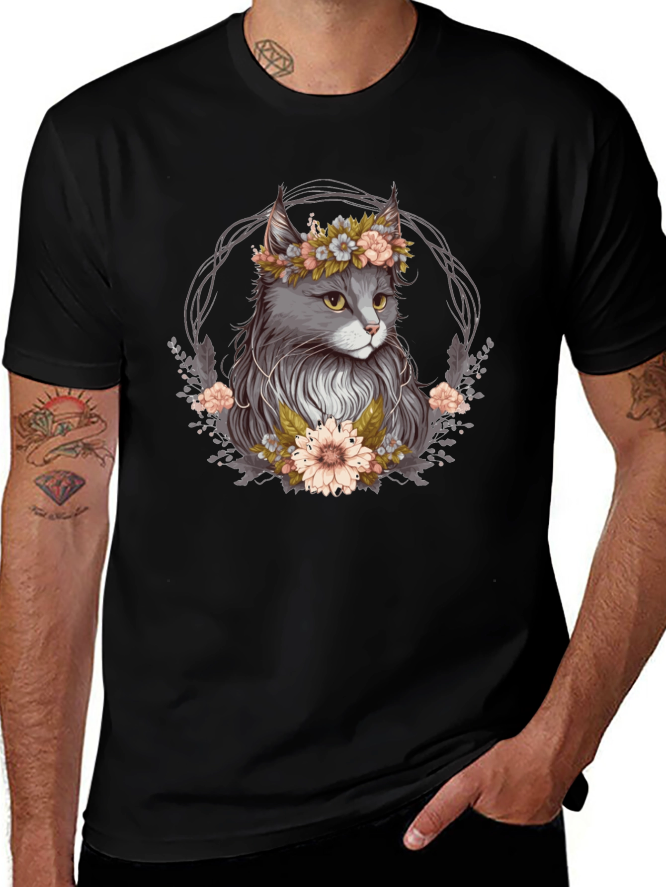 Cat Floral Wreath Black T-Shirt