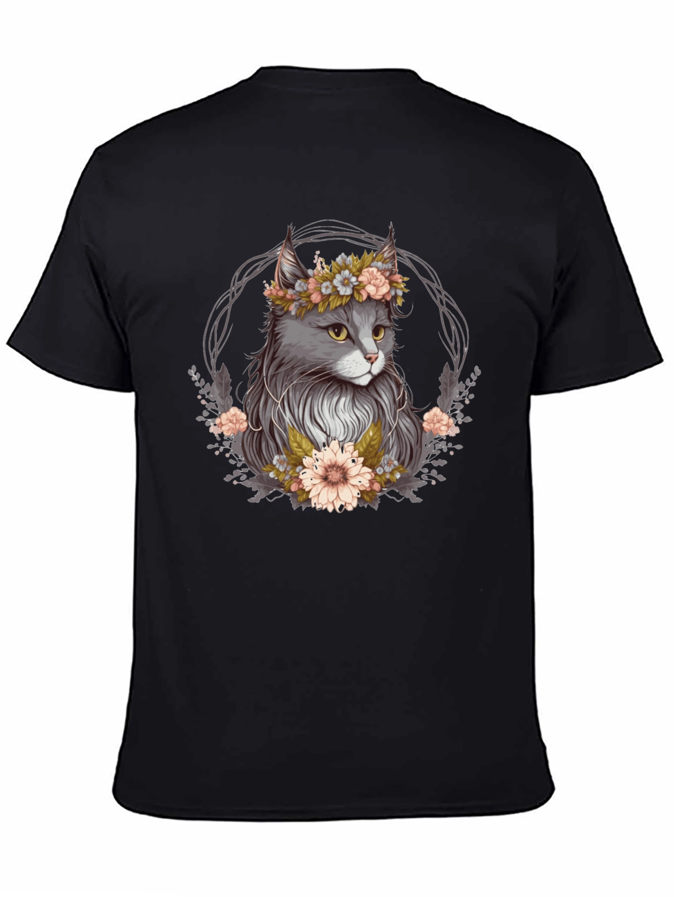 Cat Floral Wreath Black T-Shirt