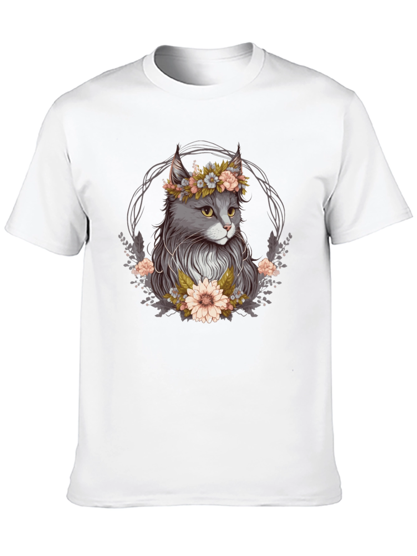 Cat Floral Wreath Black T-Shirt