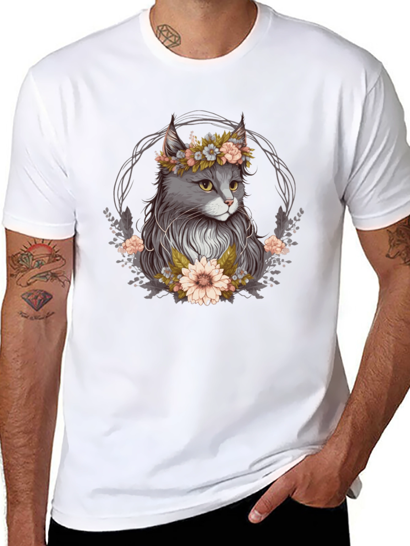 Cat Floral Wreath Black T-Shirt