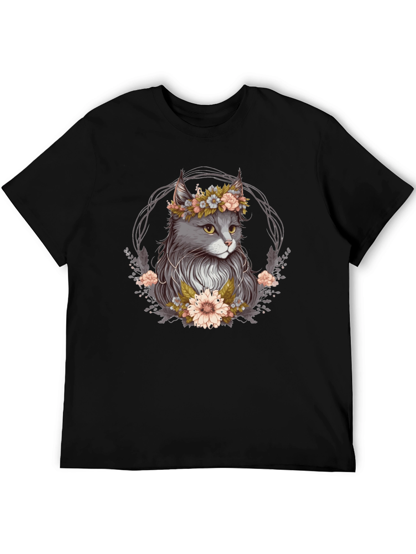 Cat Floral Wreath Black T-Shirt