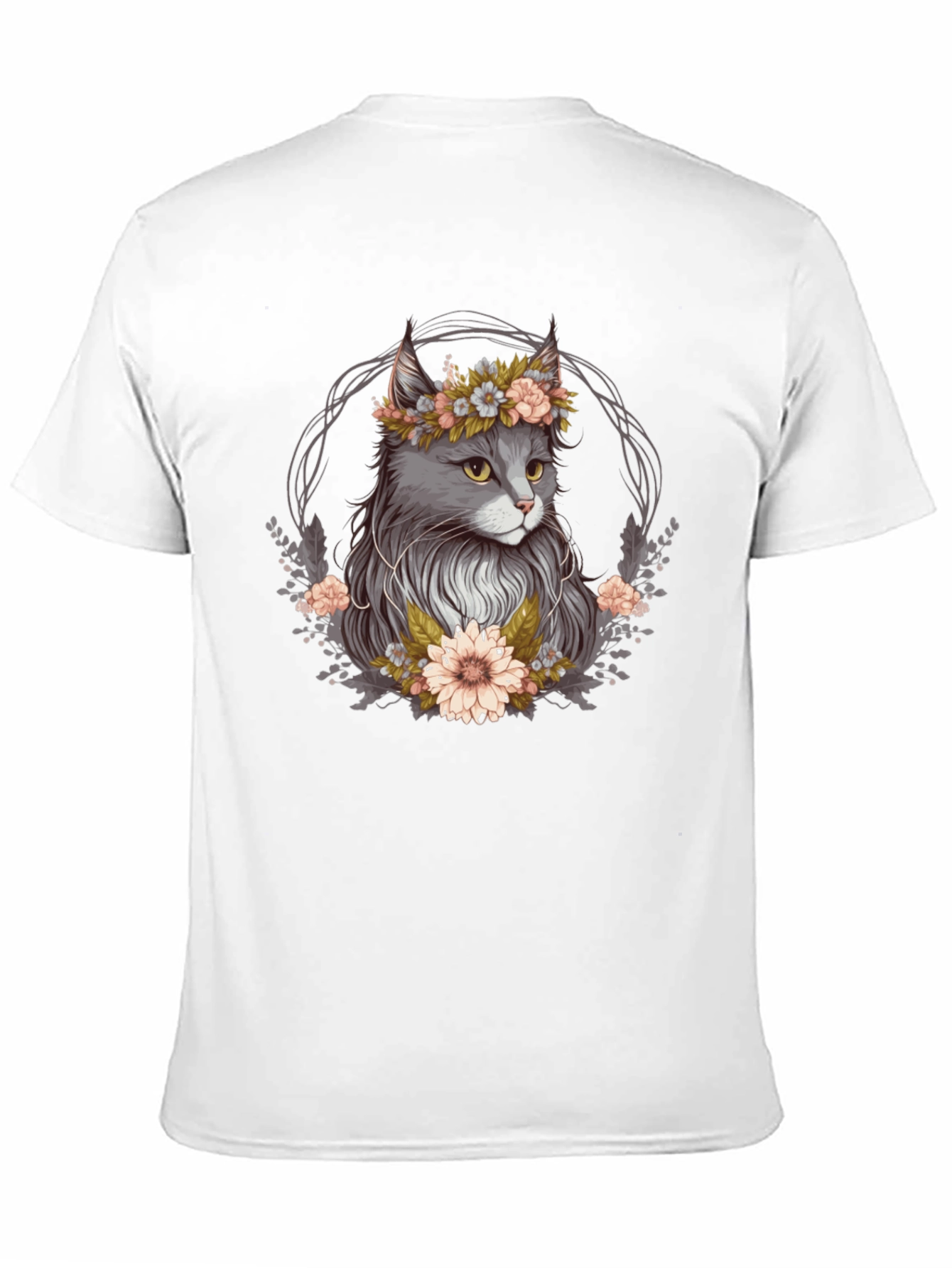 Cat Floral Wreath Black T-Shirt