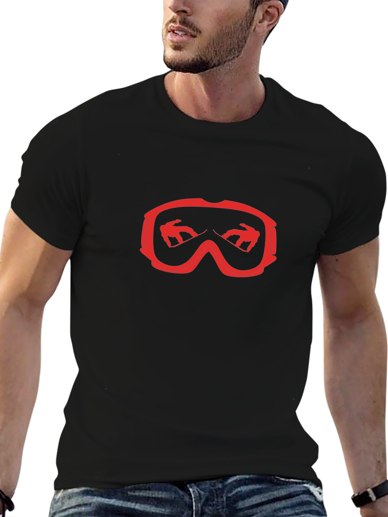 Cool Black T-Shirt with Red Ski Goggles Design