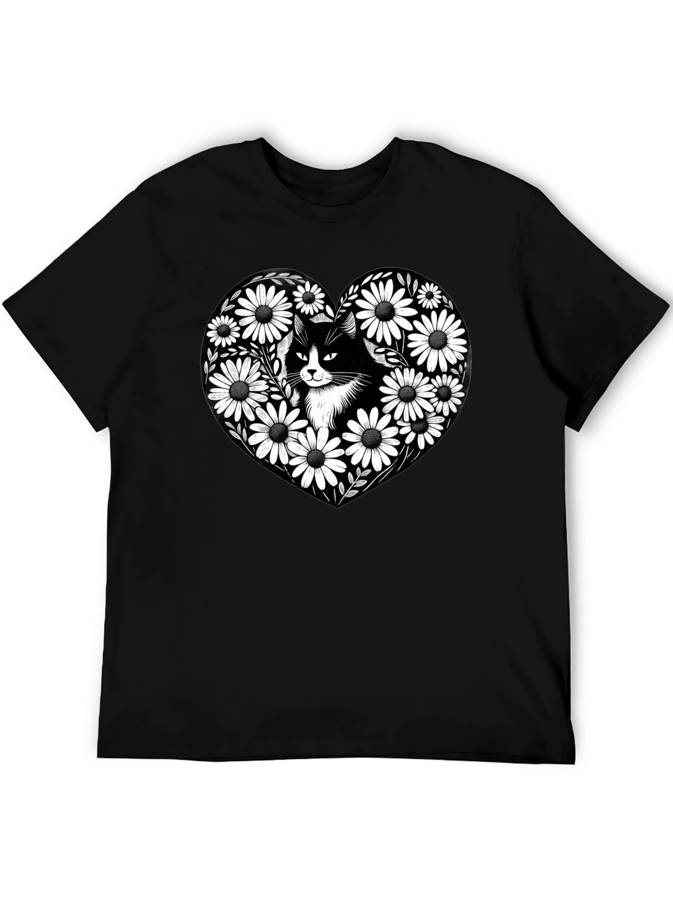 Black Cat Daisy Heart Graphic Tee - Mens