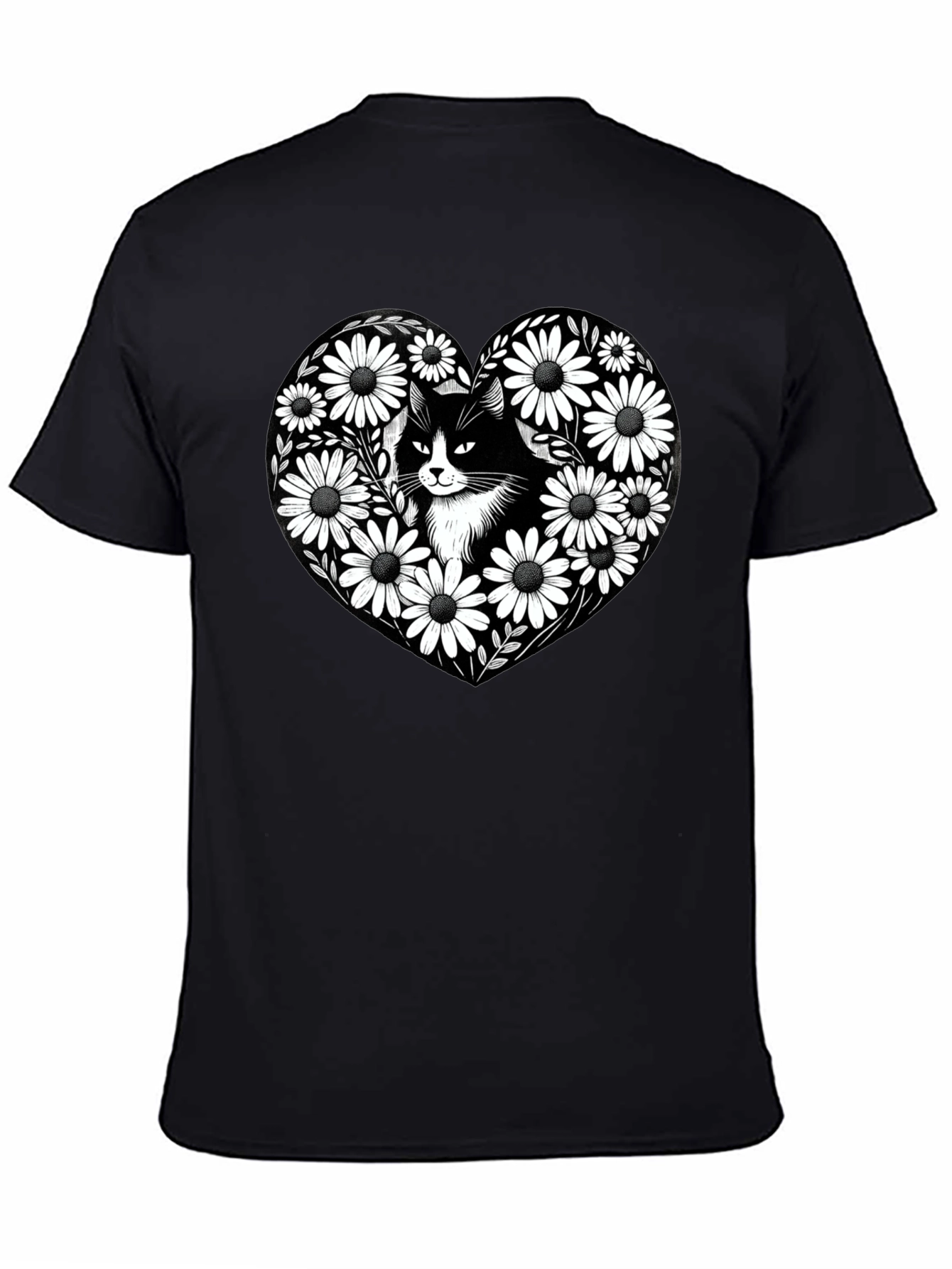 Black Cat Daisy Heart Graphic Tee - Mens