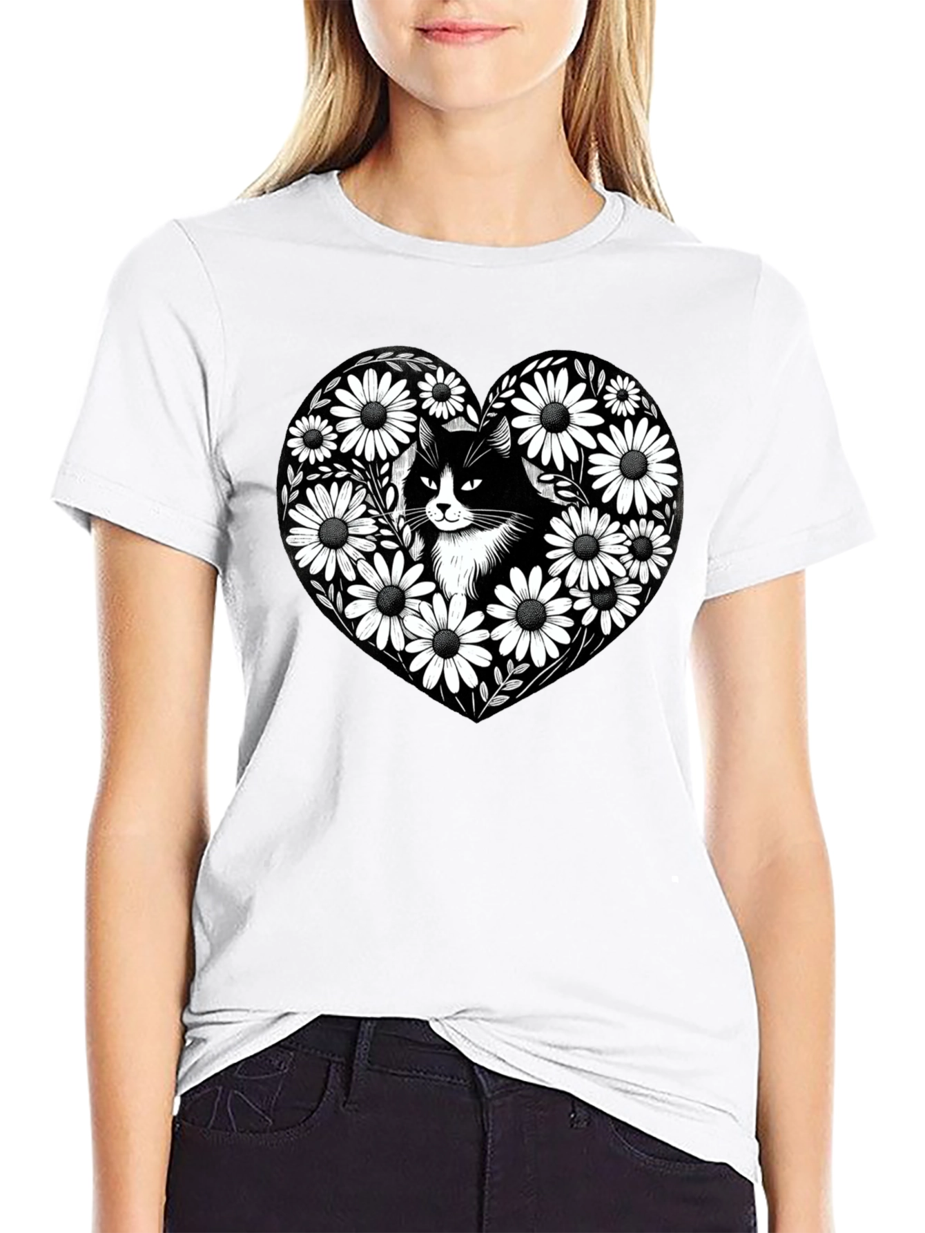 Black Cat Daisy Heart Graphic Tee - Mens