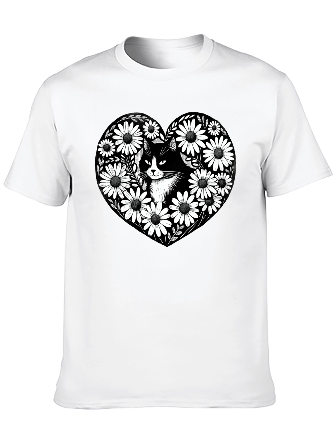 Black Cat Daisy Heart Graphic Tee - Mens