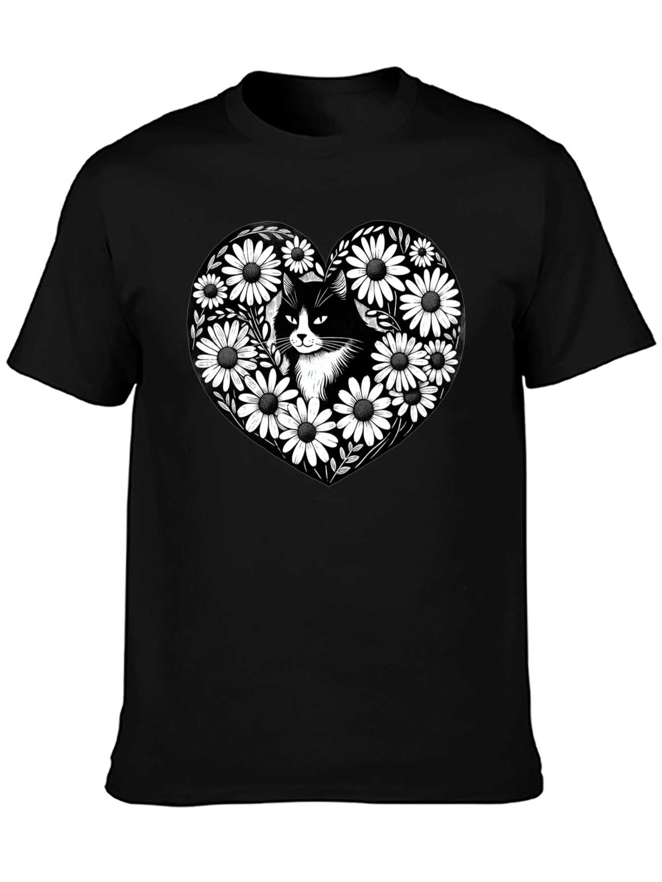 Black Cat Daisy Heart Graphic Tee - Mens