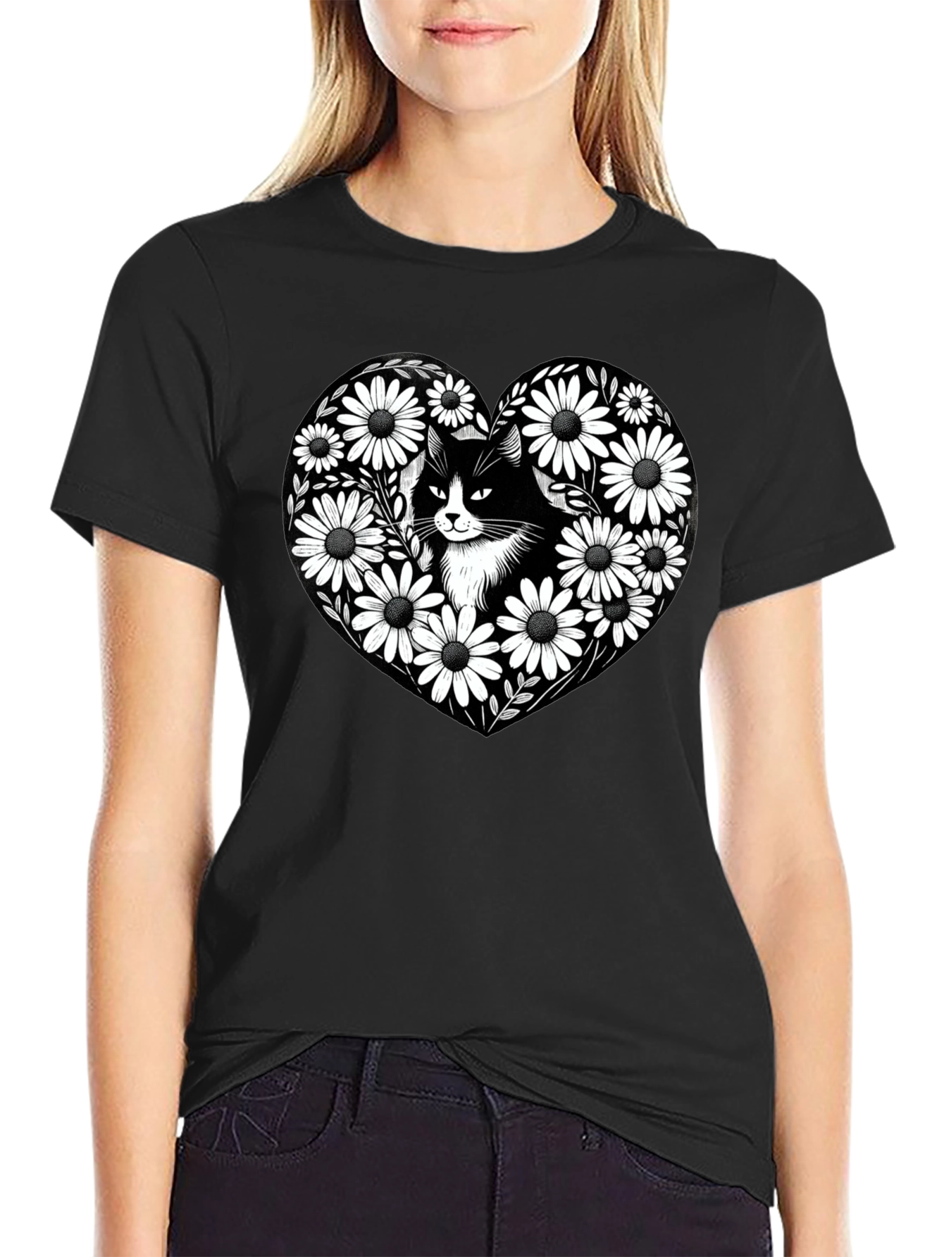 Black Cat Daisy Heart Graphic Tee - Mens