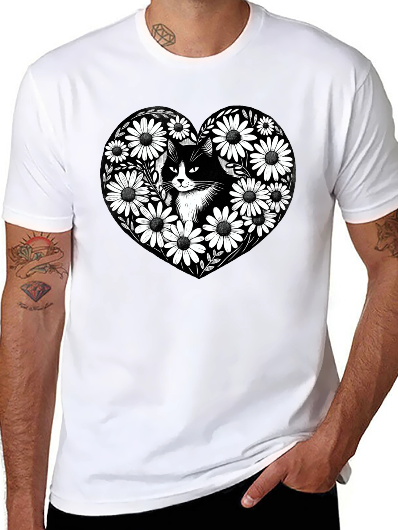 Black Cat Daisy Heart Graphic Tee - Mens