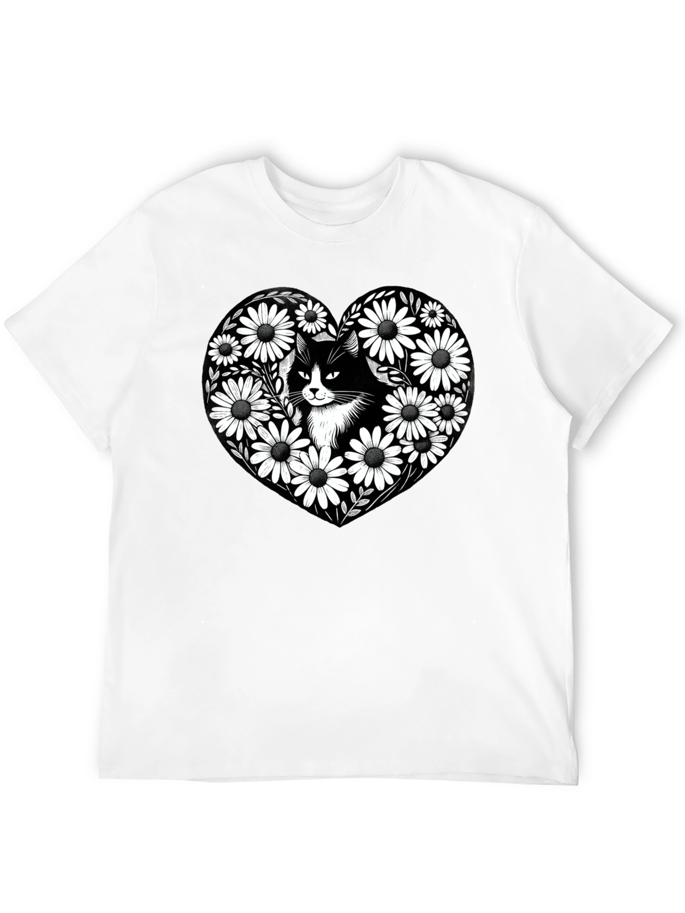 Black Cat Daisy Heart Graphic Tee - Mens