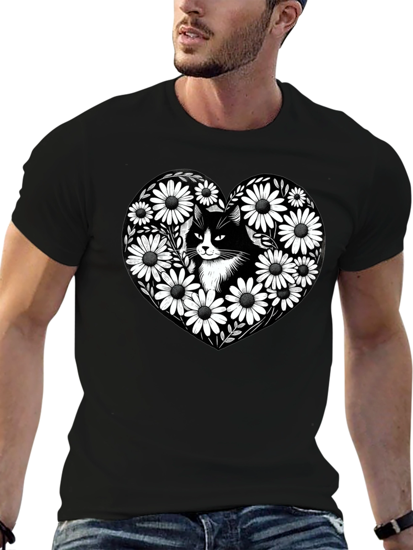 Black Cat Daisy Heart Graphic Tee - Mens