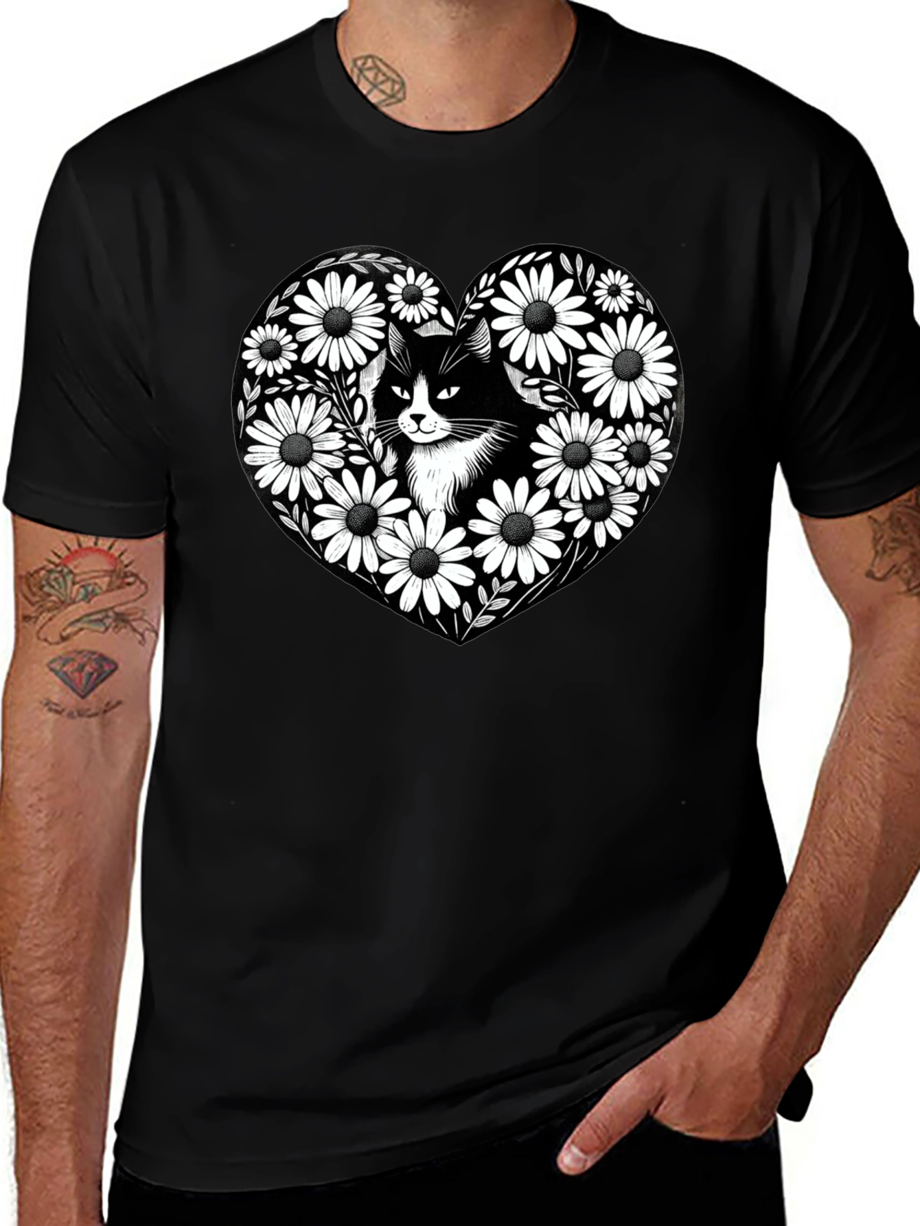 Black Cat Daisy Heart Graphic Tee - Mens