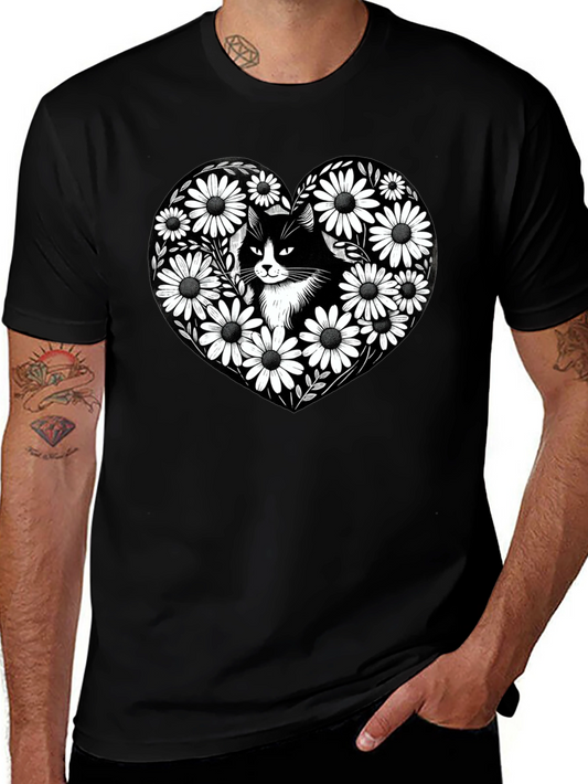 Black Cat Daisy Heart Graphic Tee - Mens