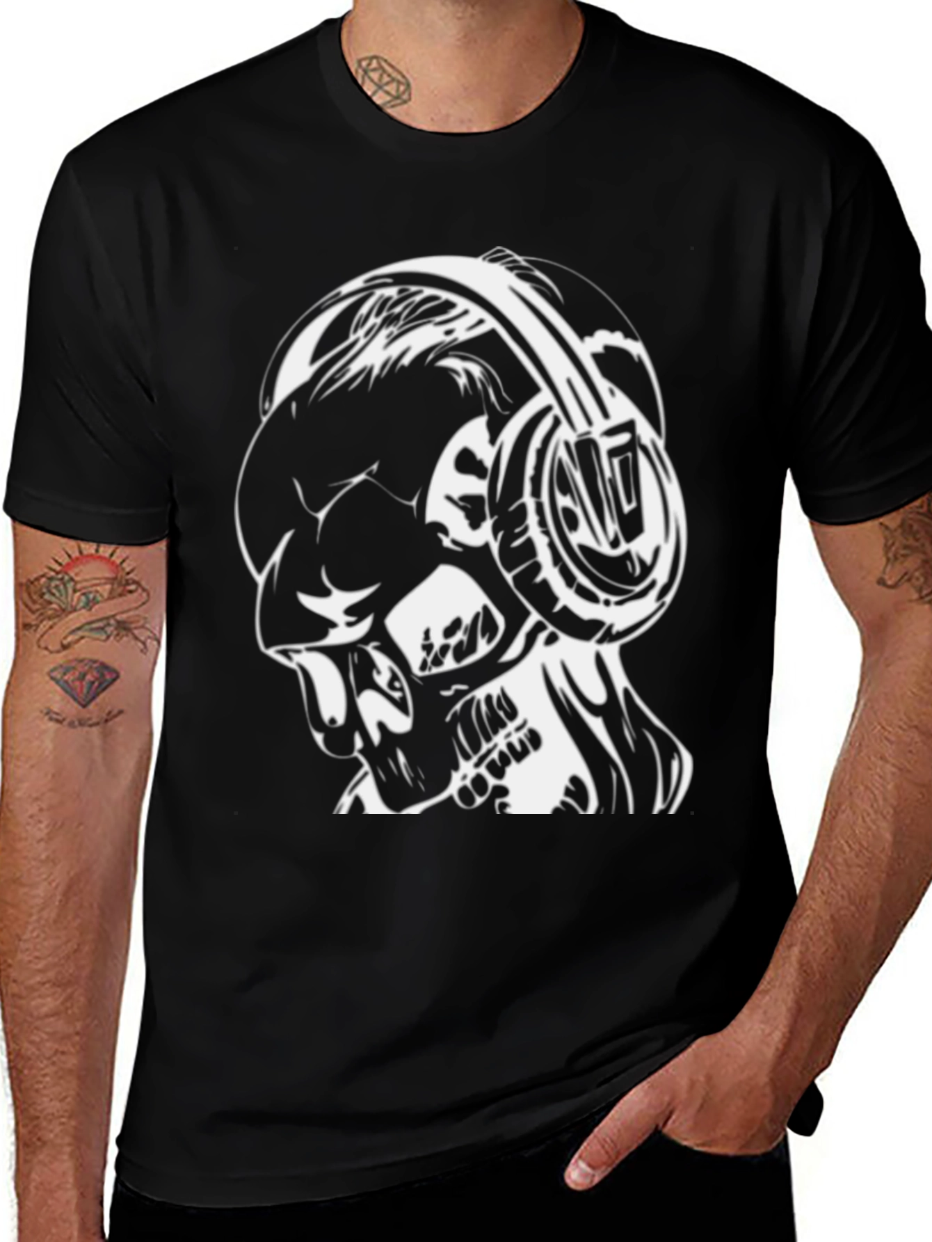 Skull with Headphones Graphic Tee - Black Cotton