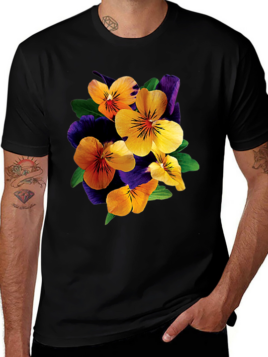 Floral Pansy Print Black T-Shirt