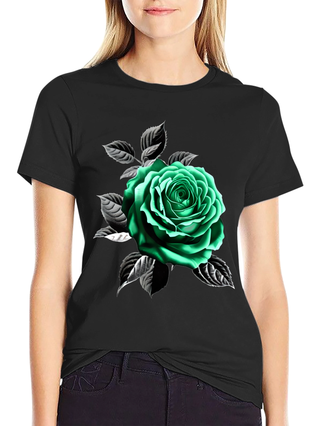 Green Rose Graphic Print Black T-Shirt