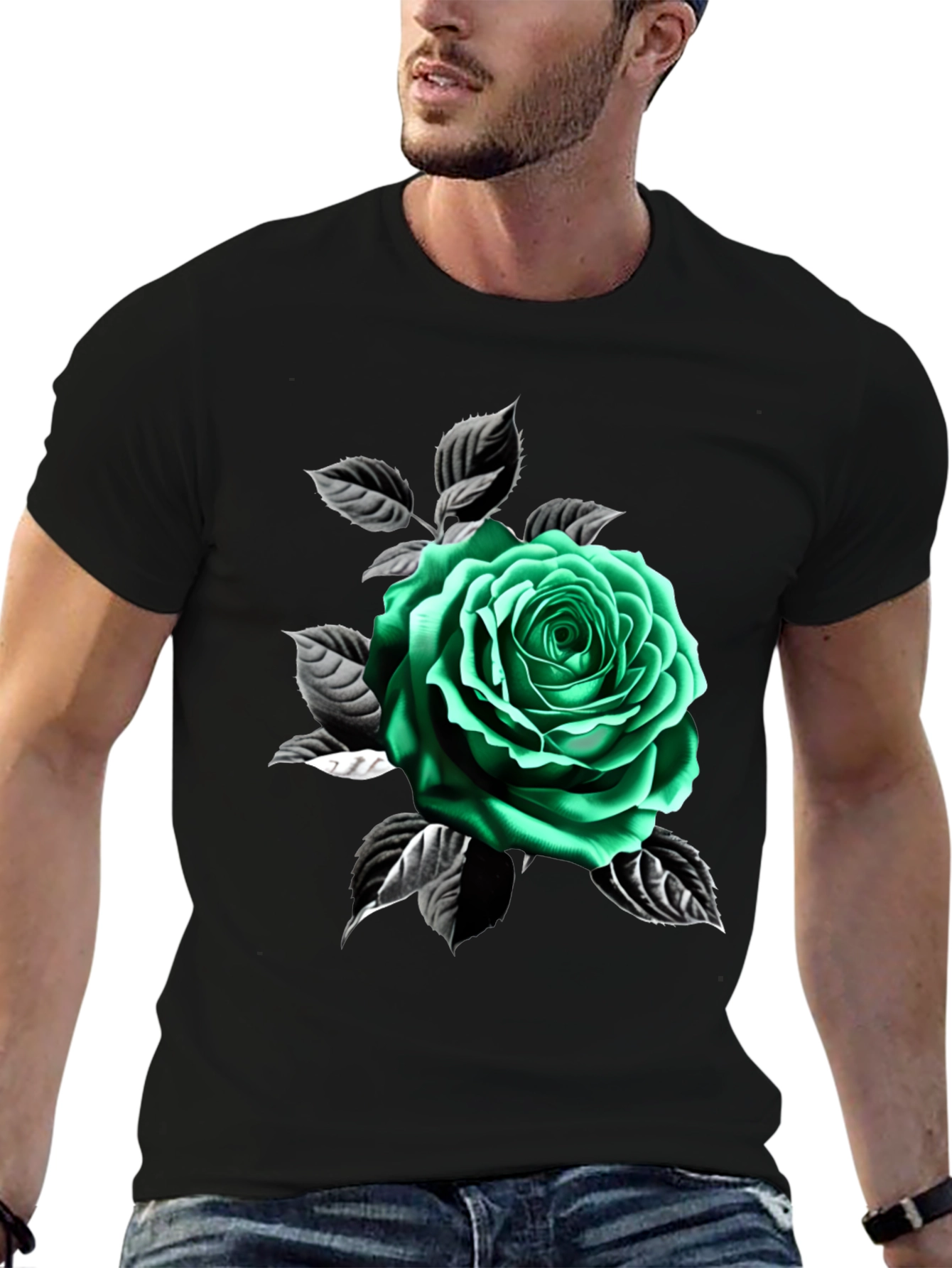 Green Rose Graphic Print Black T-Shirt