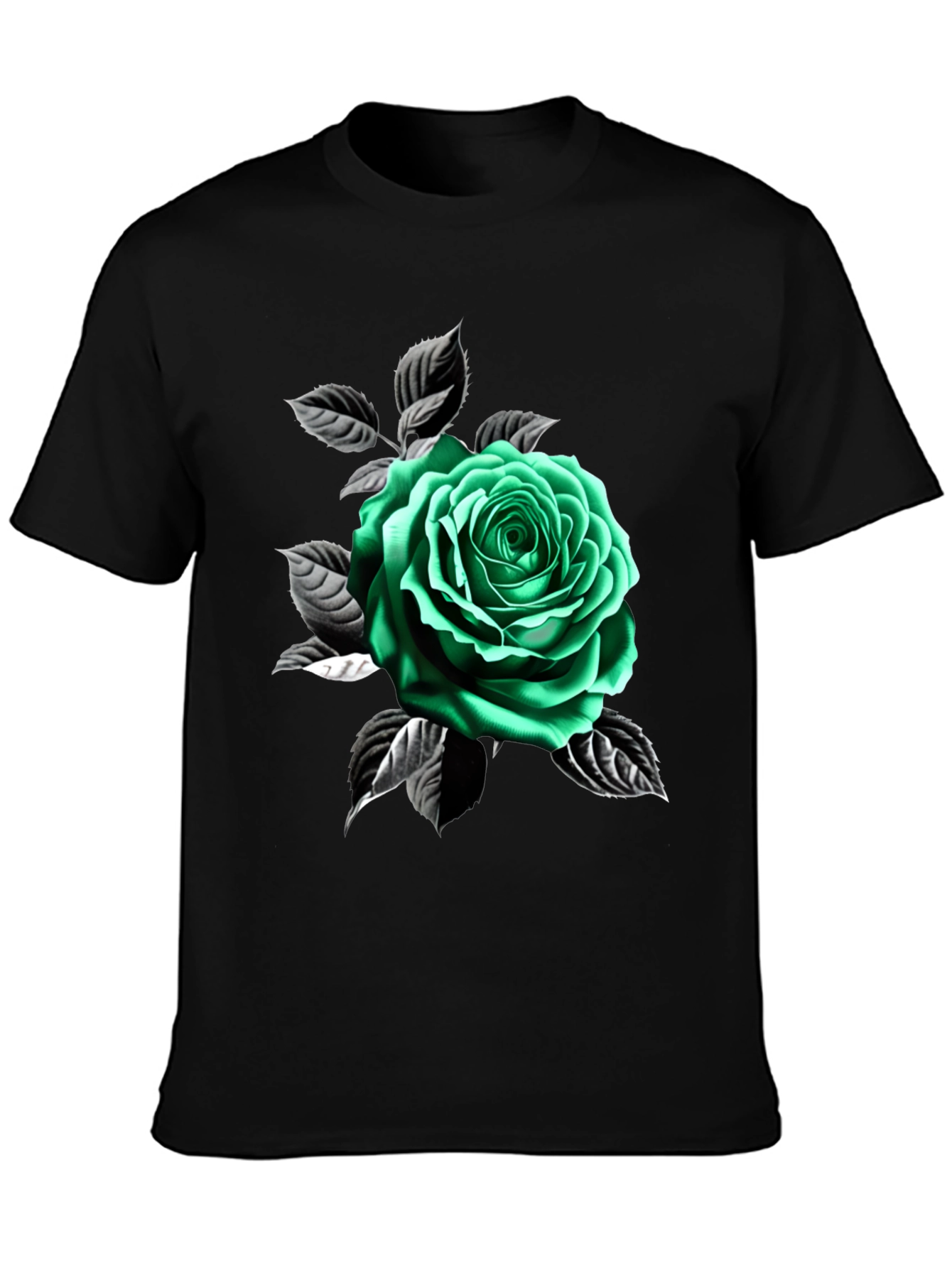 Green Rose Graphic Print Black T-Shirt