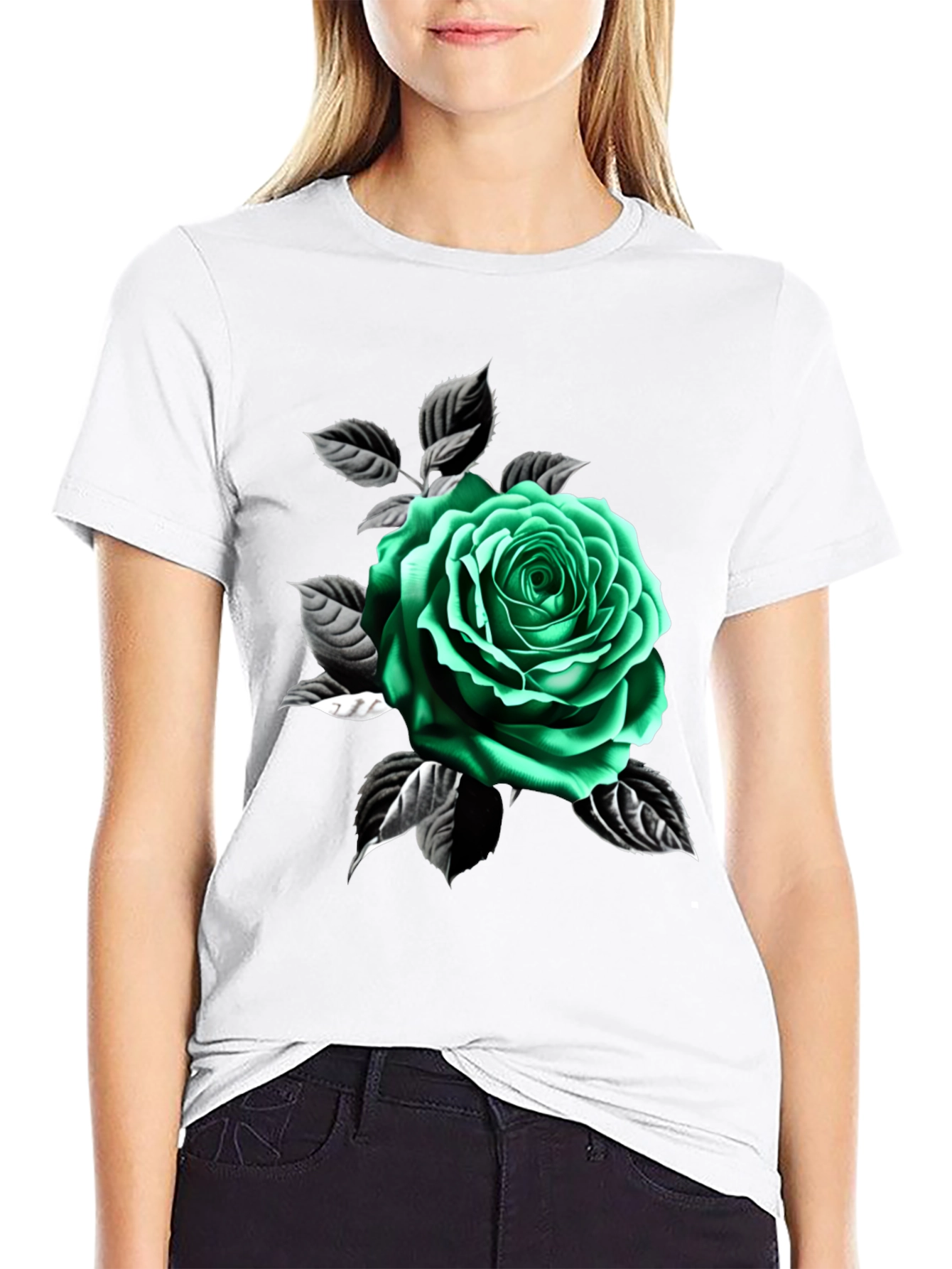 Green Rose Graphic Print Black T-Shirt