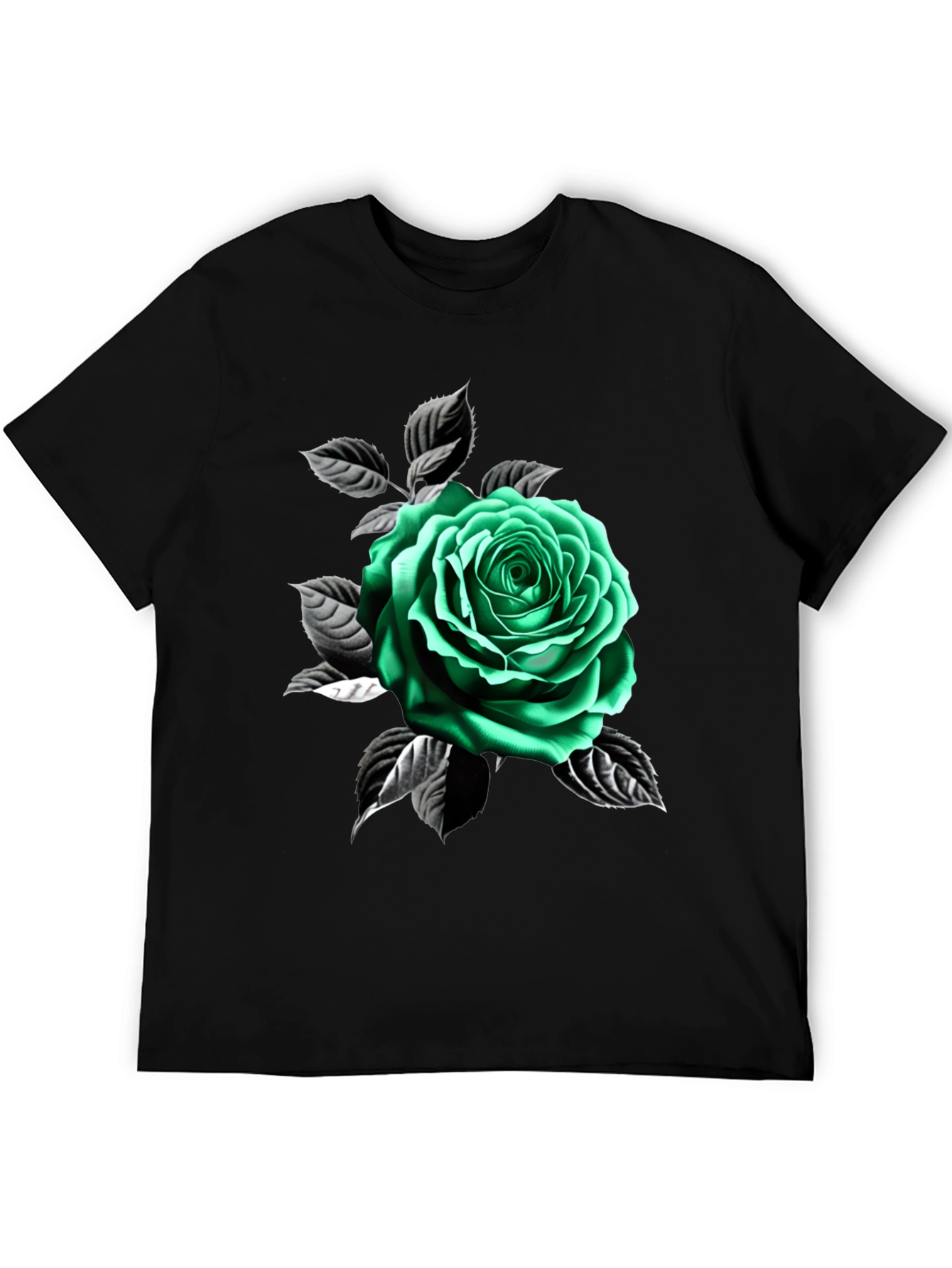Green Rose Graphic Print Black T-Shirt