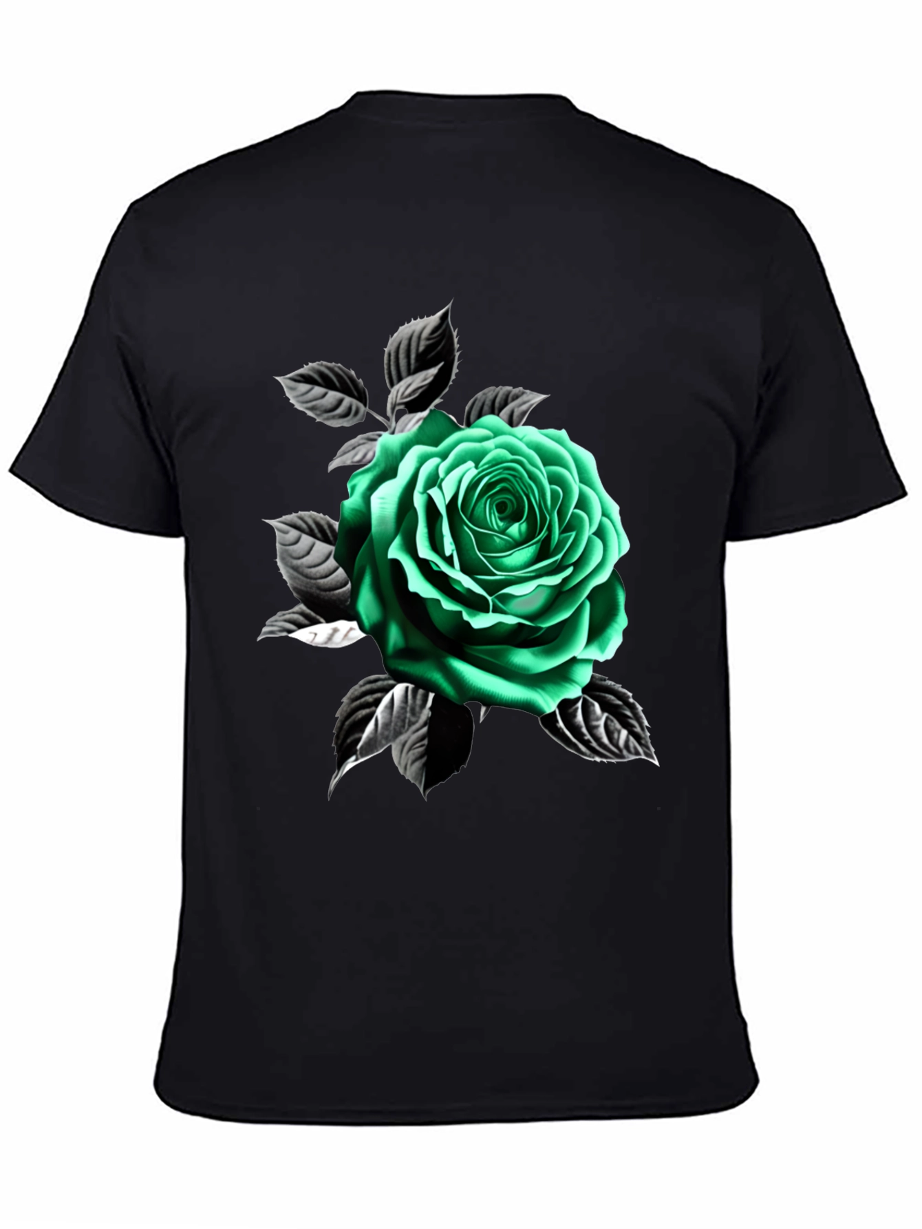 Green Rose Graphic Print Black T-Shirt