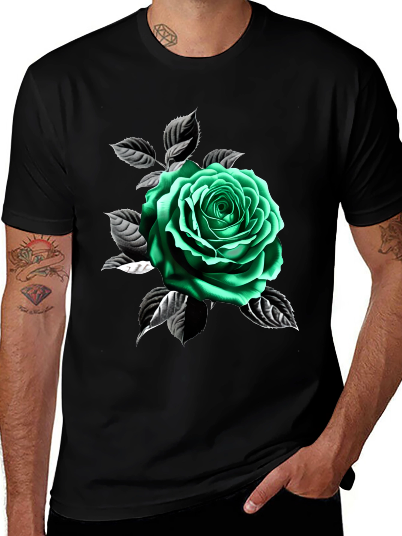 Green Rose Graphic Print Black T-Shirt