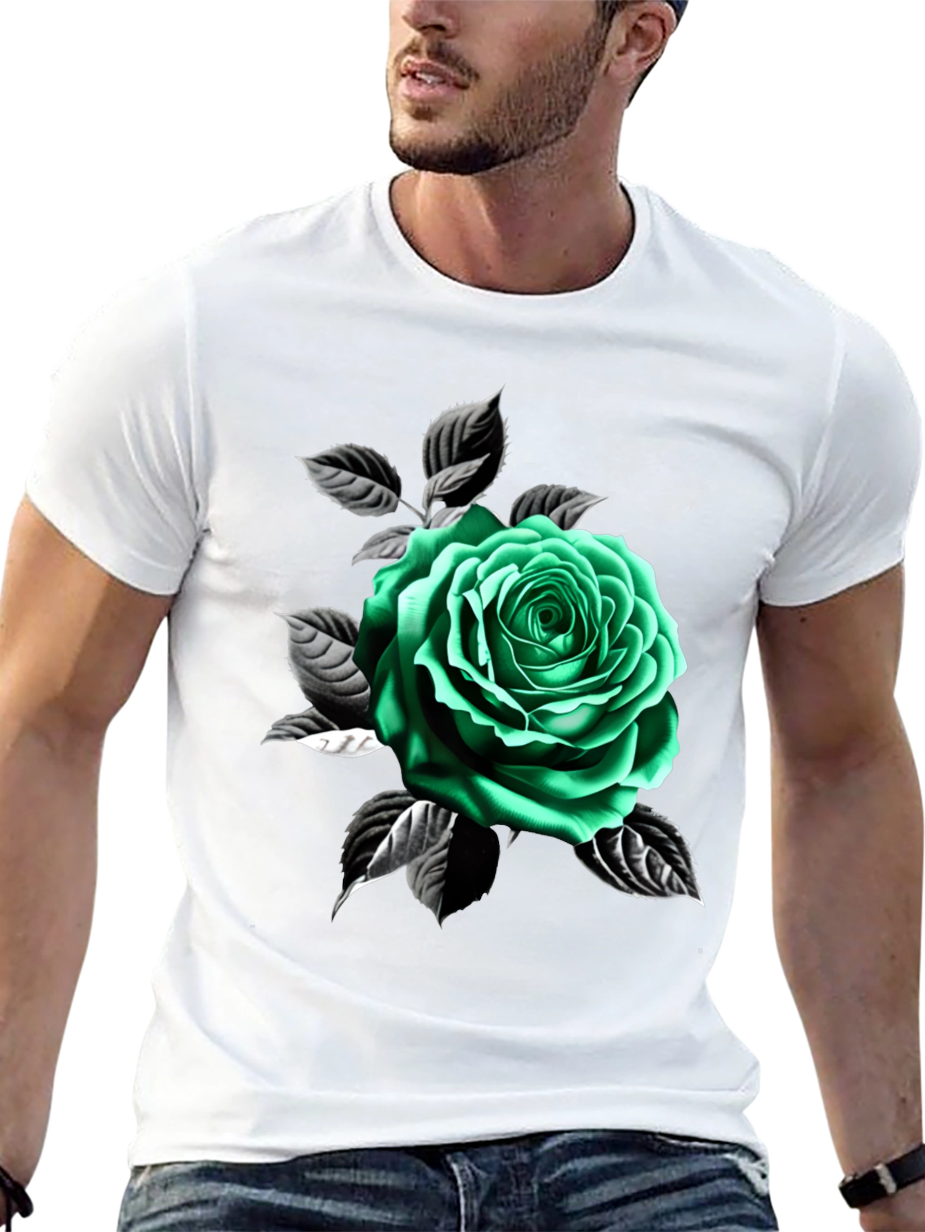 Green Rose Graphic Print Black T-Shirt