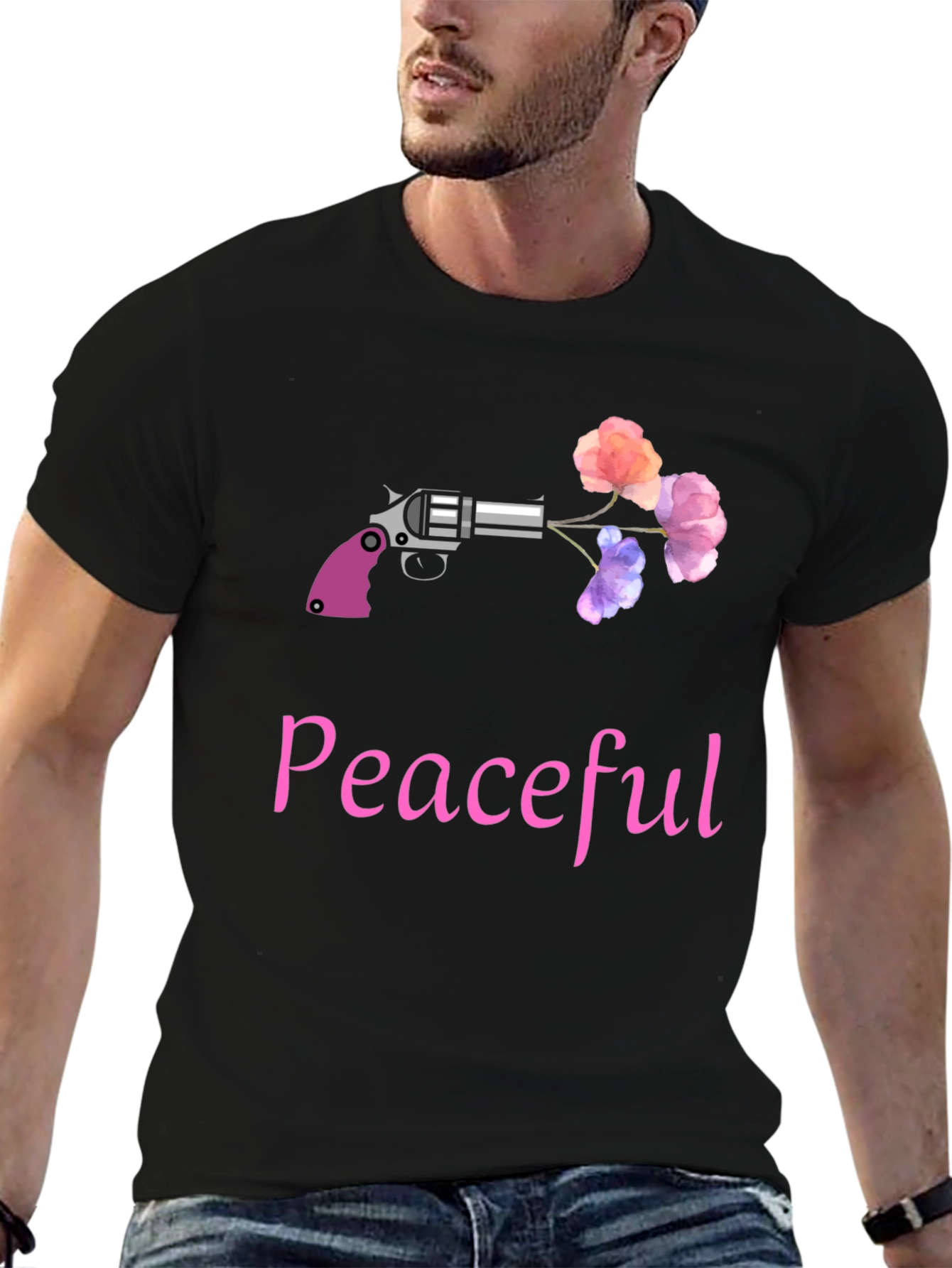 Peaceful Gun & Flowers Graphic T-Shirt