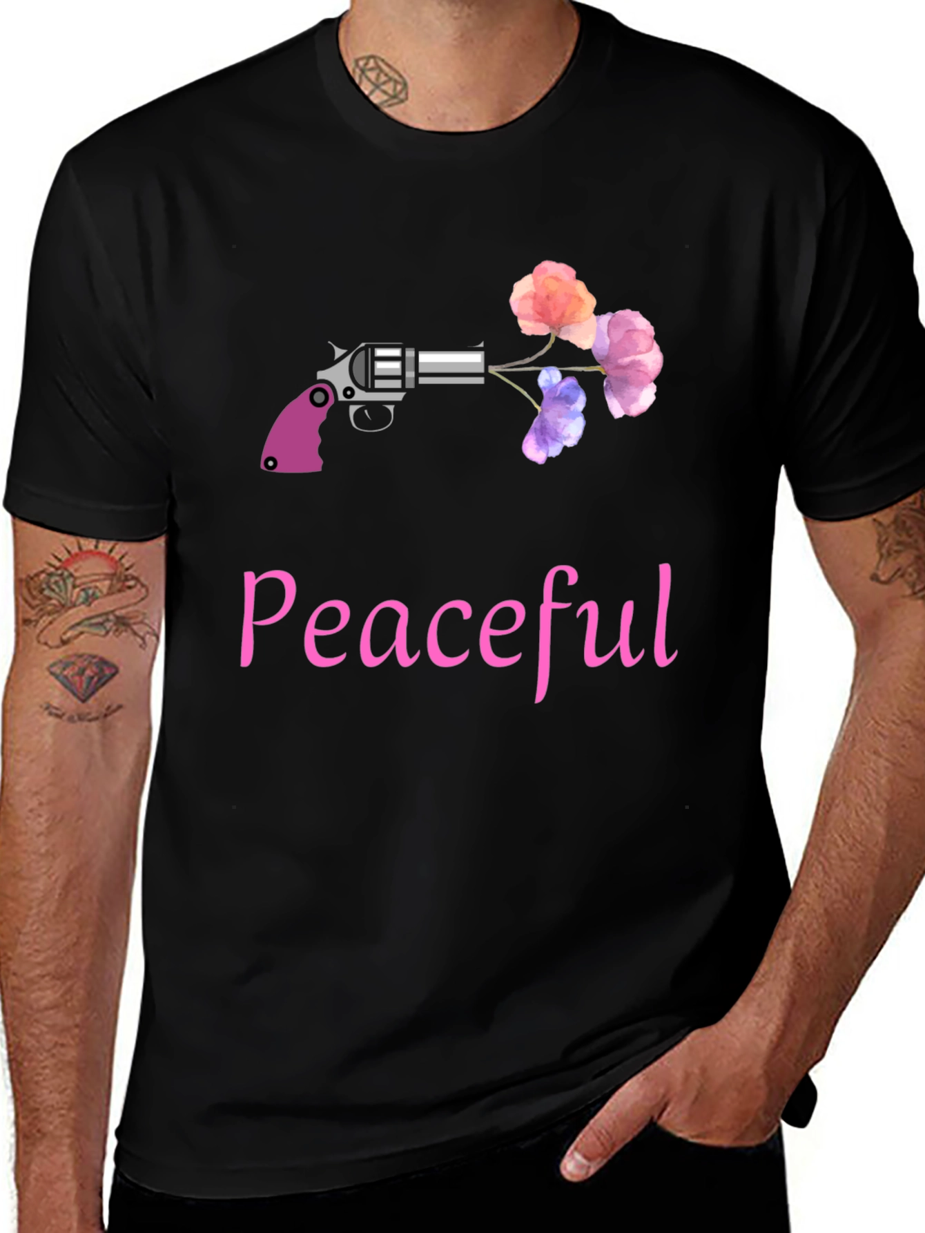 Peaceful Gun & Flowers Graphic T-Shirt