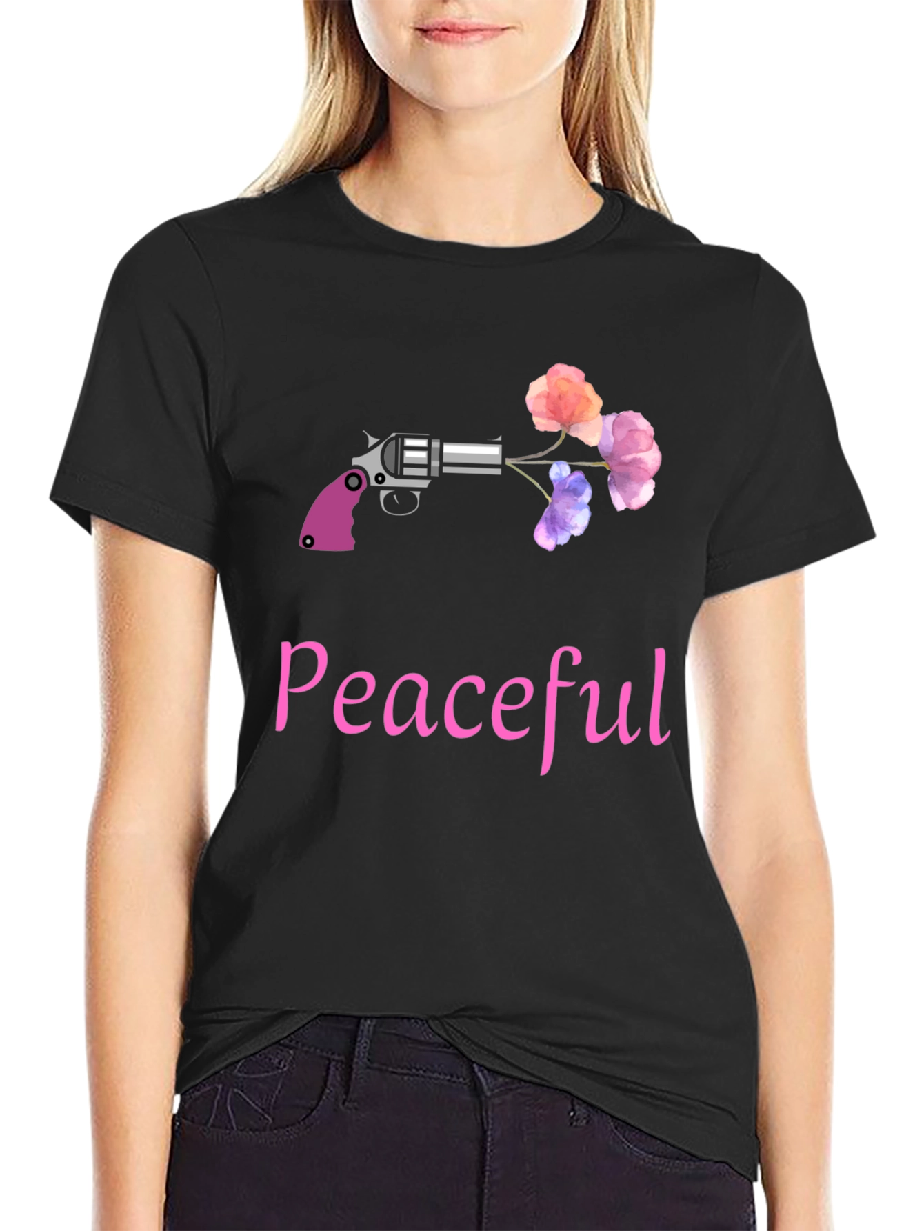 Peaceful Gun & Flowers Graphic T-Shirt
