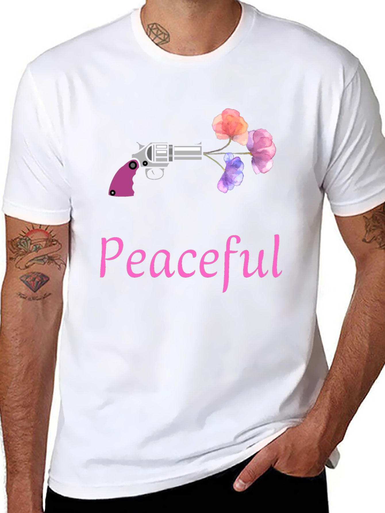 Peaceful Gun & Flowers Graphic T-Shirt