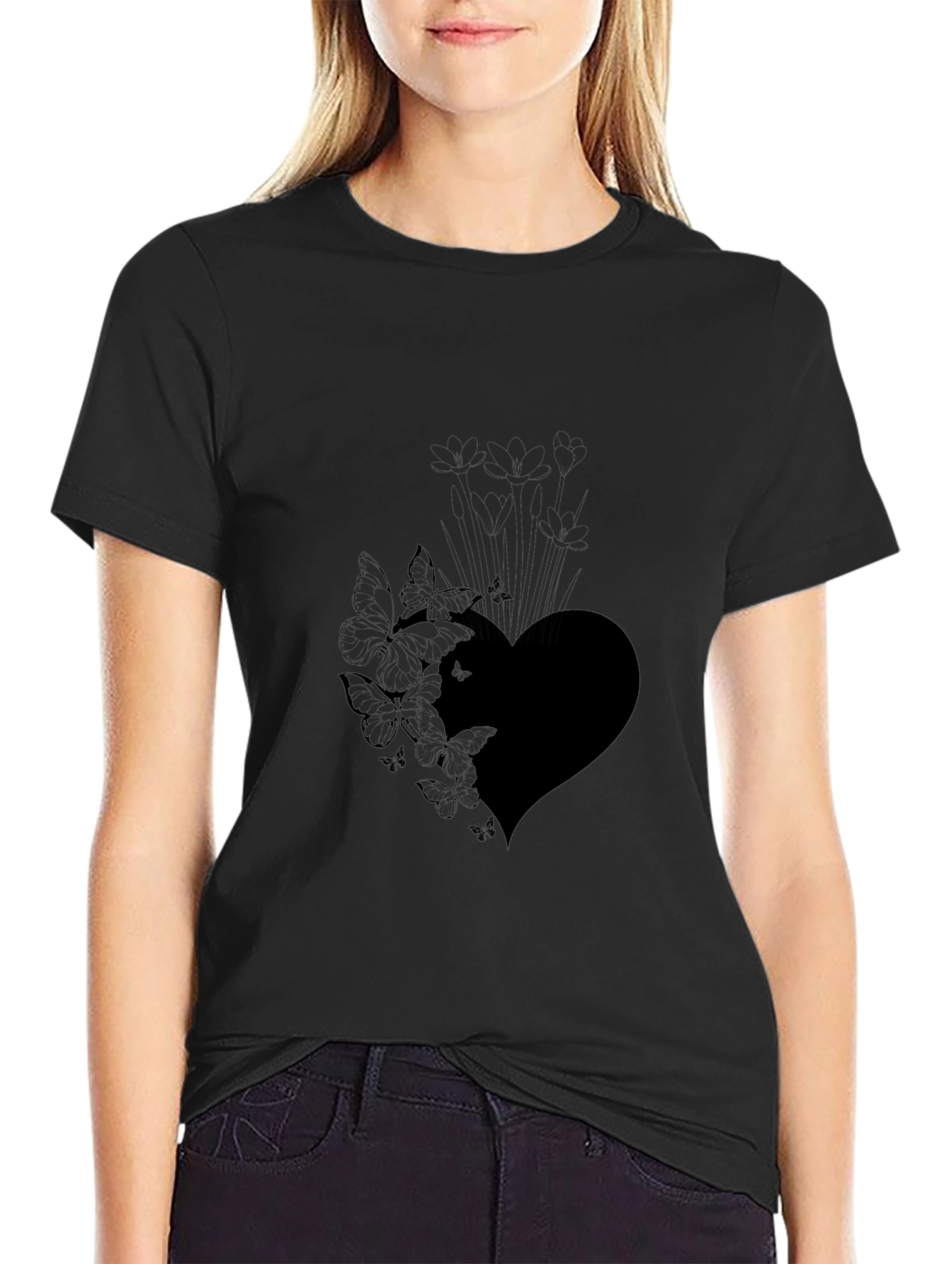 Butterfly Heart Graphic Black T-Shirt