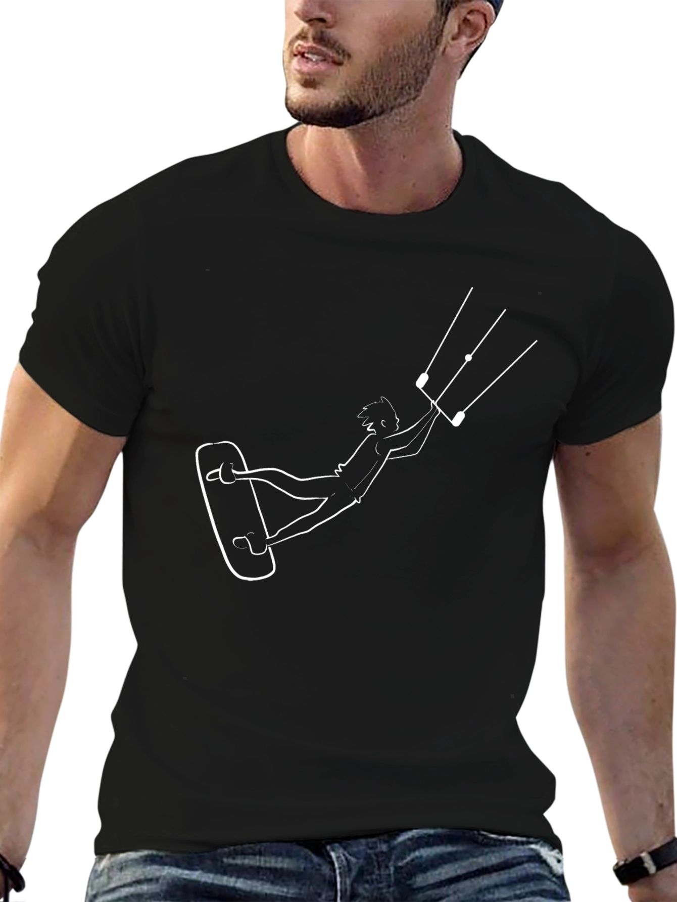 Kite Surfing Graphic Tee - Black Cotton T-Shirt