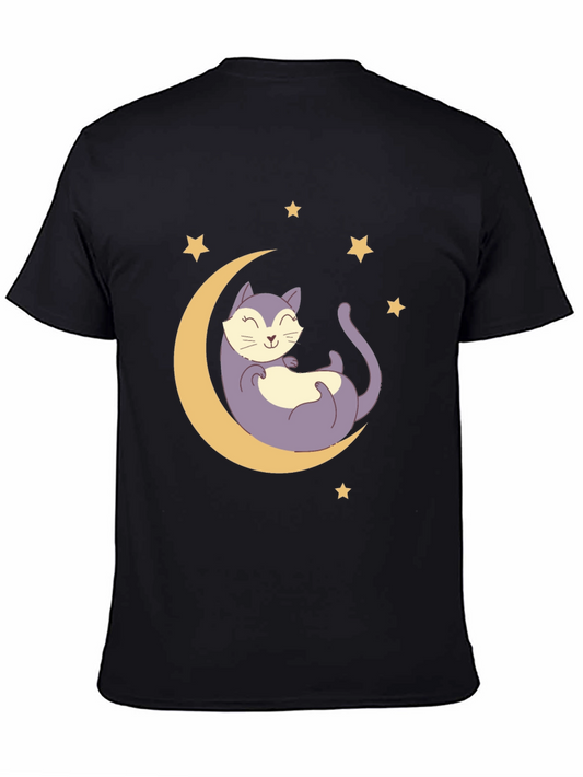 Cute Cat on Moon Graphic T-Shirt - Unisex Black Tee