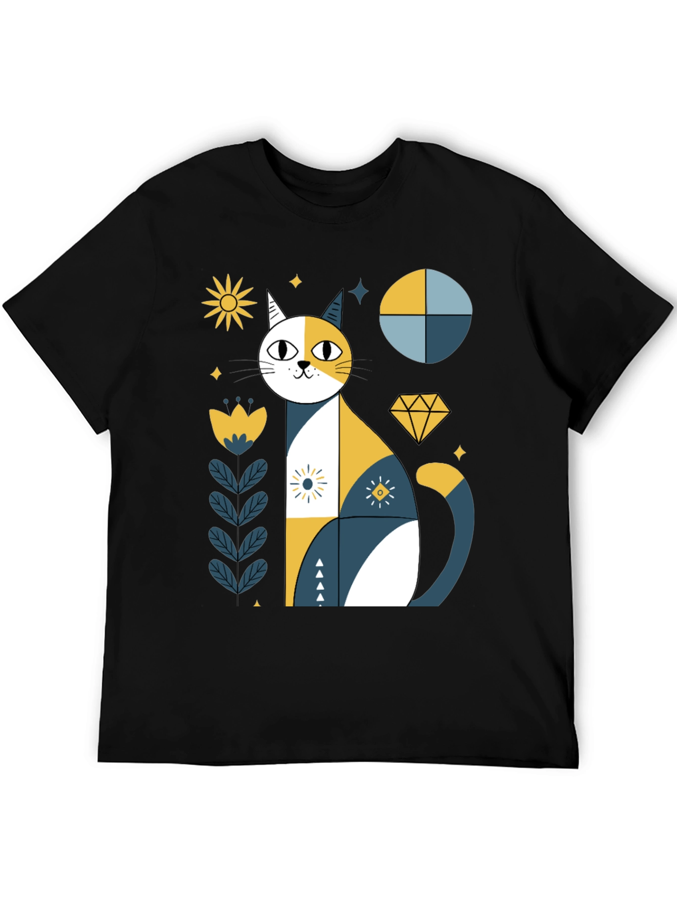 Geometric Cat Graphic Tee - Stylish Black T-Shirt