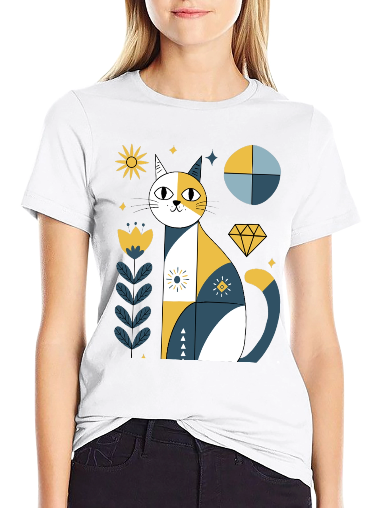 Geometric Cat Graphic Tee - Stylish Black T-Shirt