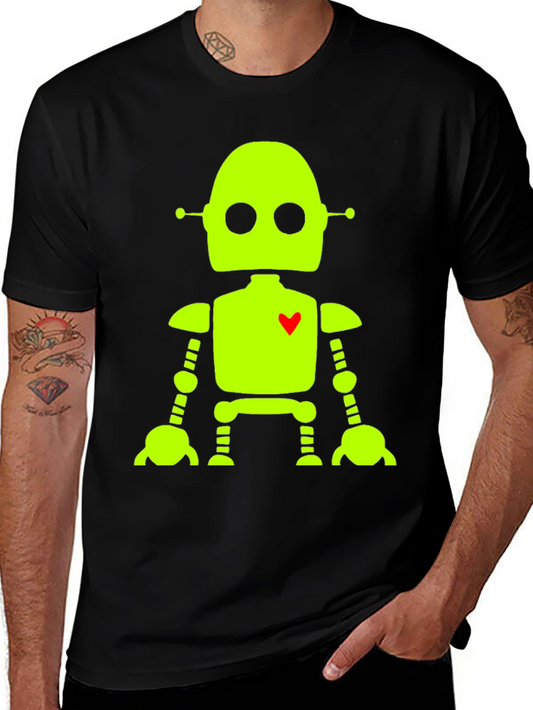 Robot with Heart T-Shirt - Black Cotton