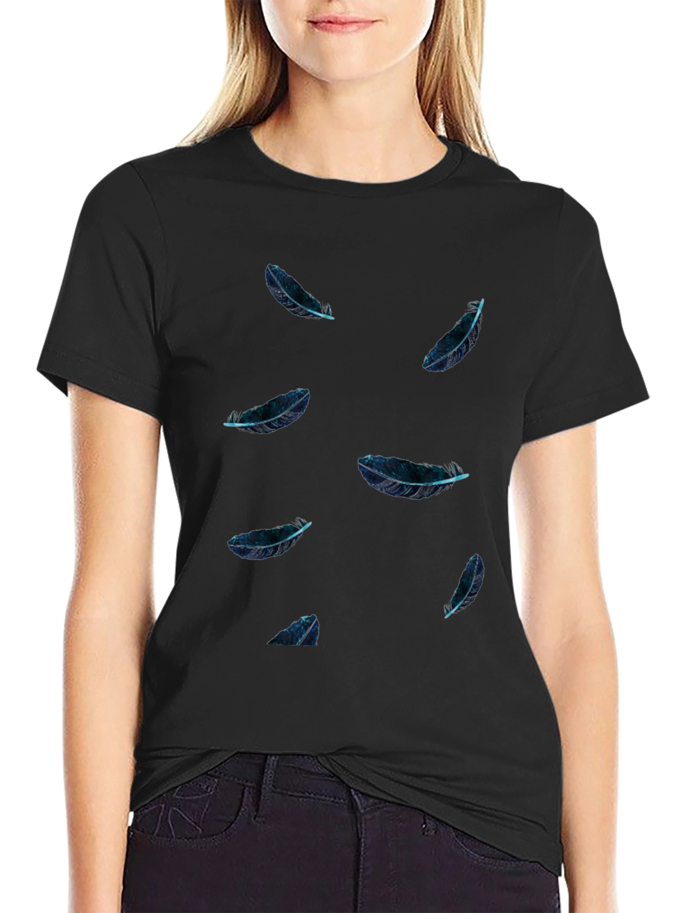 Feather Print Black T-Shirt - Casual Style