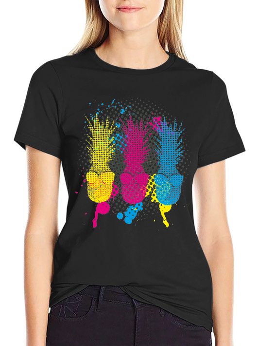 Vibrant Pineapple Print Black T-Shirt