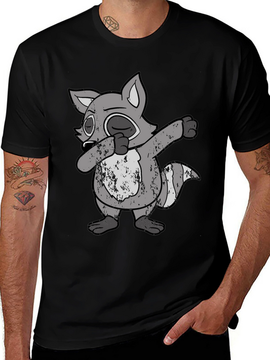 Dabbing Raccoon Graphic Tee - Black Cotton Casual Shirt